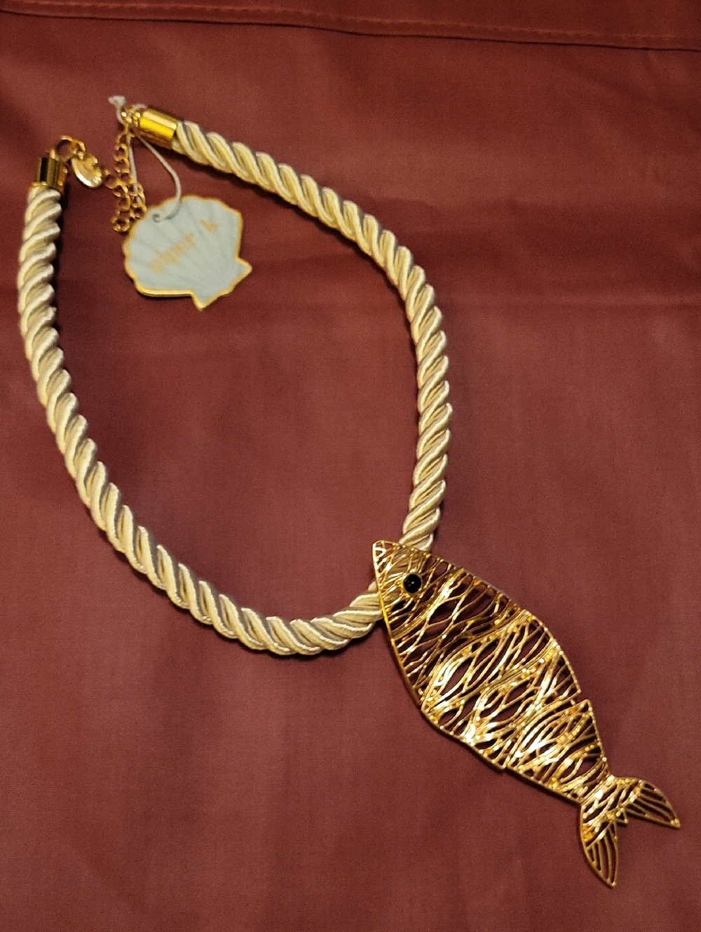 Piper K Gold Twisted Cream Rope Necklace with Fish Pendant Charm Ta